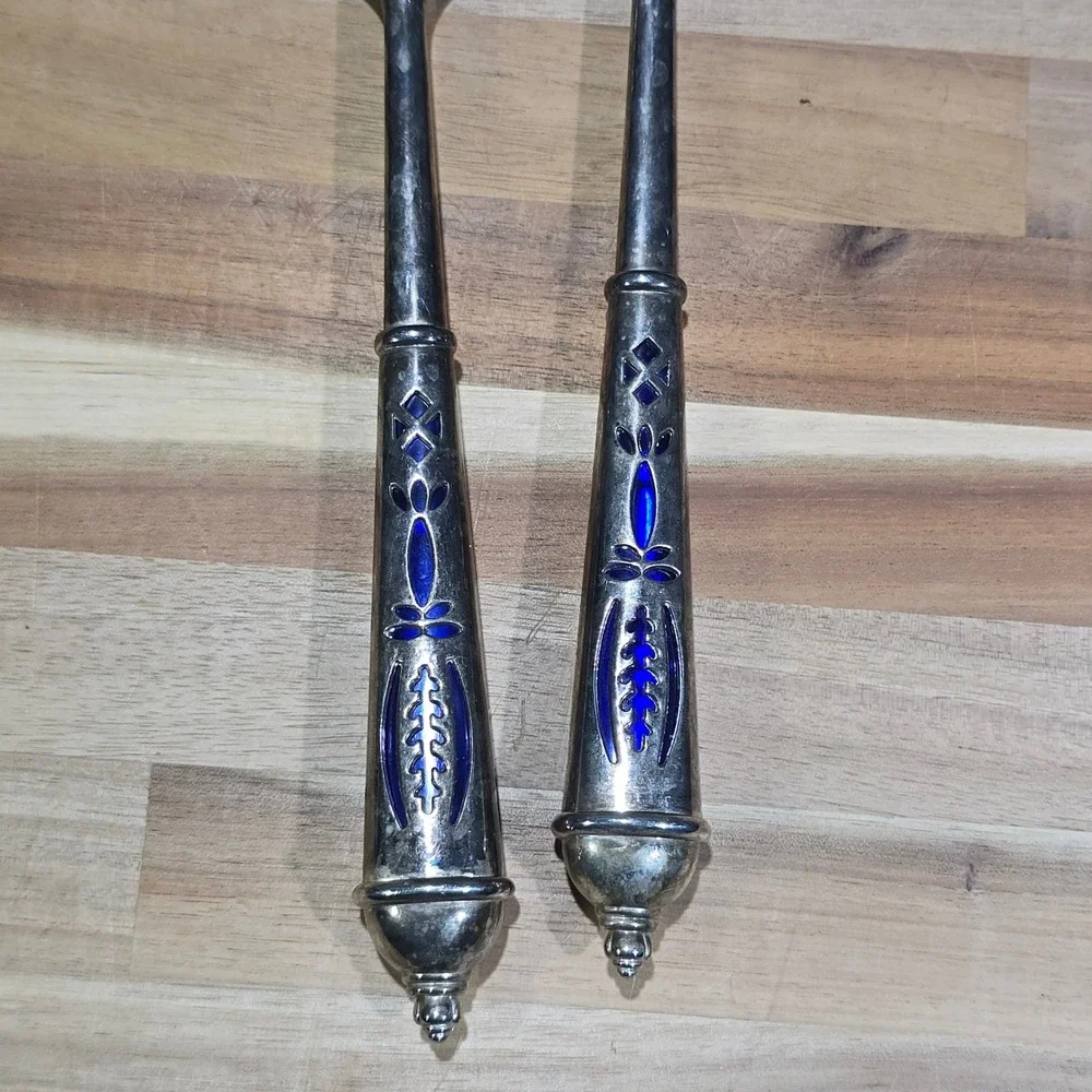 Vintage Silver Plate Blue Guilloche Enamel Salad Servers Set‎ 10.5